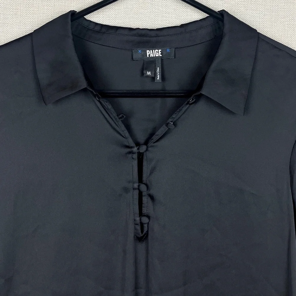 PAIGE Resa Black V-Neck Long Bell Sleeve Satin Blouse Top Medium